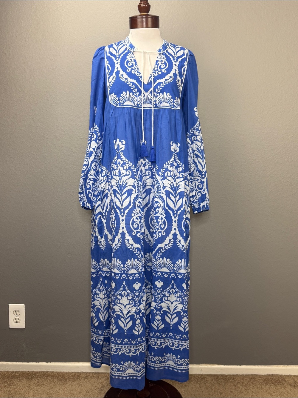 Boden NWT Blue White Boho Tie Neck Kaftan Dress Sz 2 Vacation Wedding Guest - Picture 3 of 15